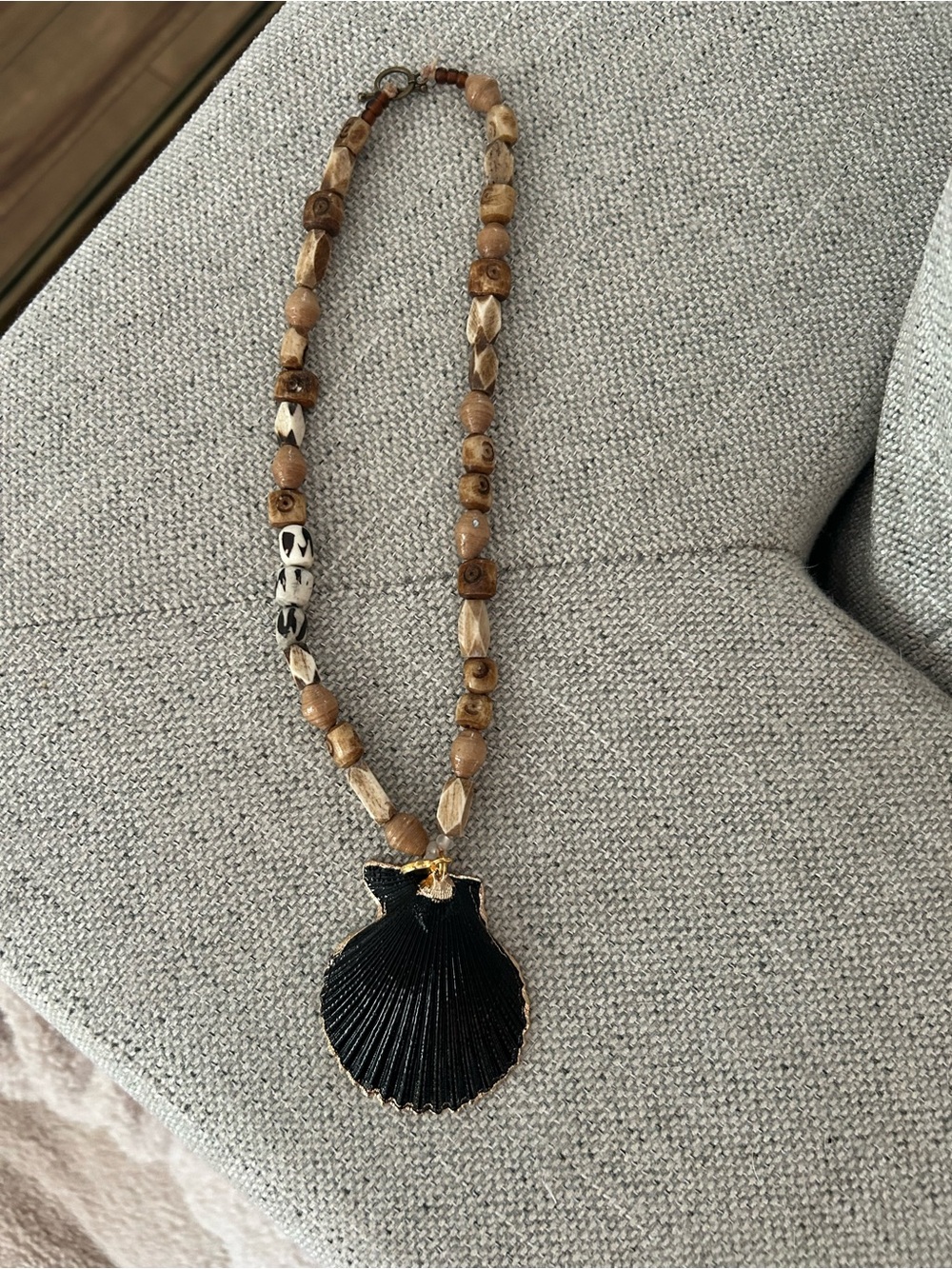 Twine and Twig Handcrafted Black Shell Pendant Necklace with Natural Wood Beads